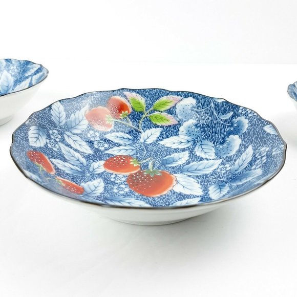 Andrea By Sadek Vintage Blue Floral Leaf & Strawberry Design Bowls Set Of 3 - Picture 4 of 12